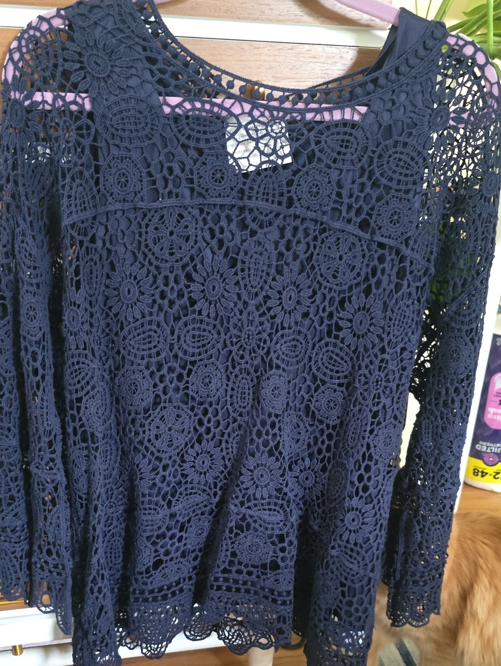 Ruby Rd. Women's Navy Crochet Lace Long-Sleeve Top With Cami